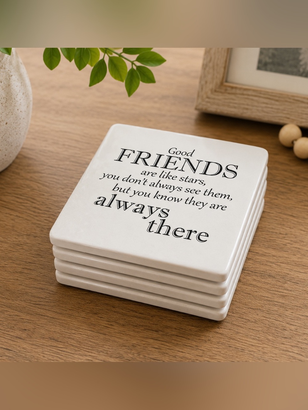 Set of 4 Friendship White Ceramic Friends Coasters with Black Script - Picture 3 of 4